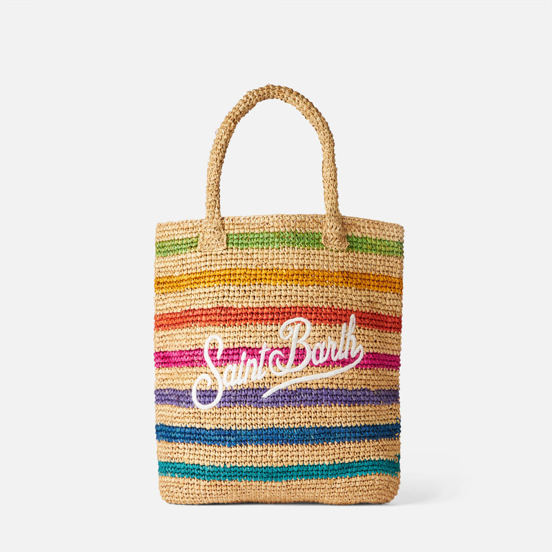 Raffia bucket bag with multicolor stripes and embroidery