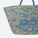 Borsa in rafia blu e bianca con ricamo frontale