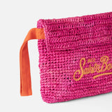 Raffia fuchsia pouch bag with Saint Barth embroidery