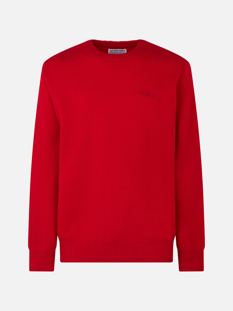 Maglione da uomo girocollo rosso con ricamo St. Barth