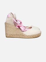 Natural print canvas espadrillas with hight wedge and ankle lace