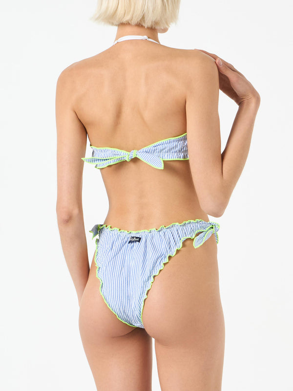 Damen-Bandeau-Bikini aus Seersucker mit Streifendruck