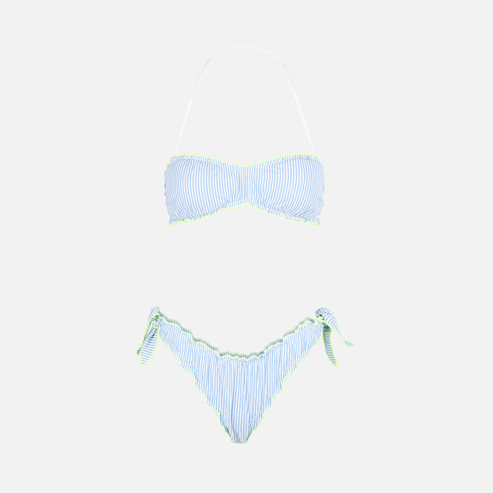 Bikini da donna a fascia in seersucker con stampa a righe