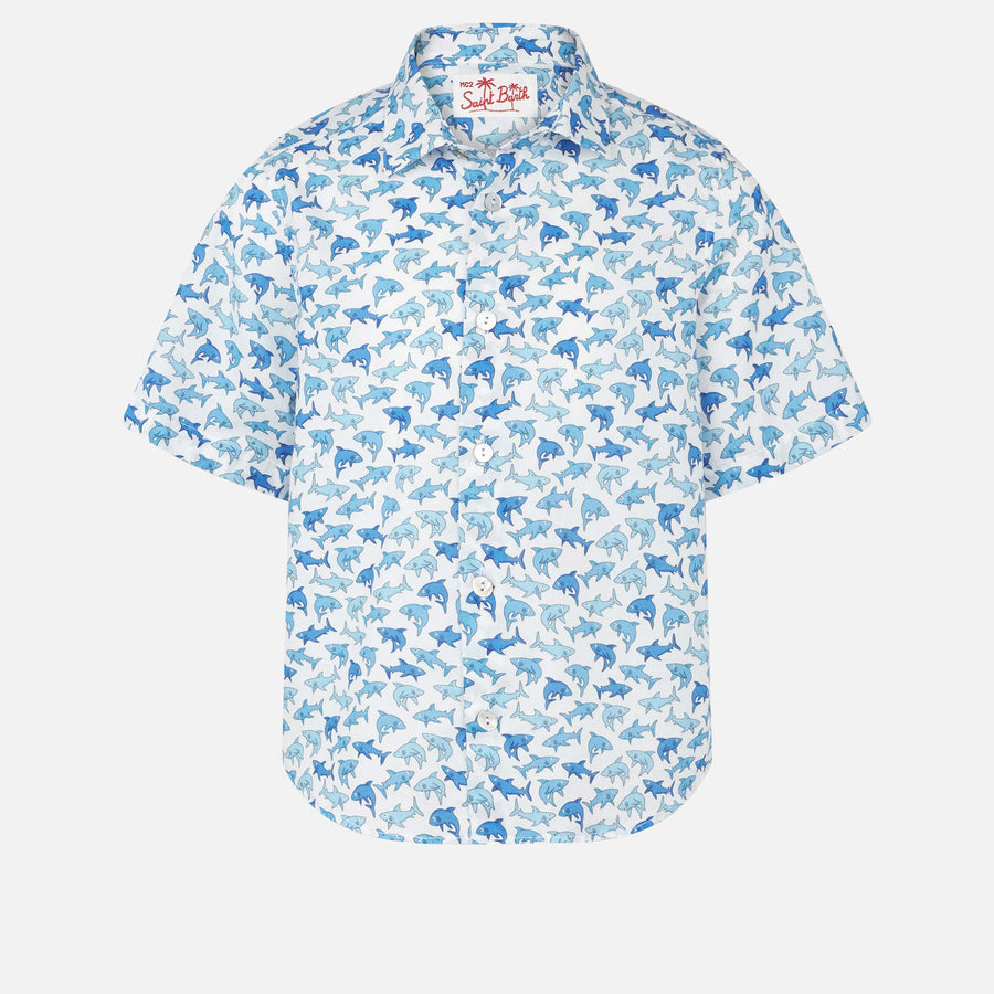 Mc2 Saint Barth Camicia da bambino con stampa di squali azzurri