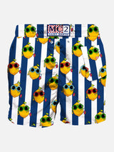 Costume da bagno di media lunghezza a righe blu con stampa di limoni