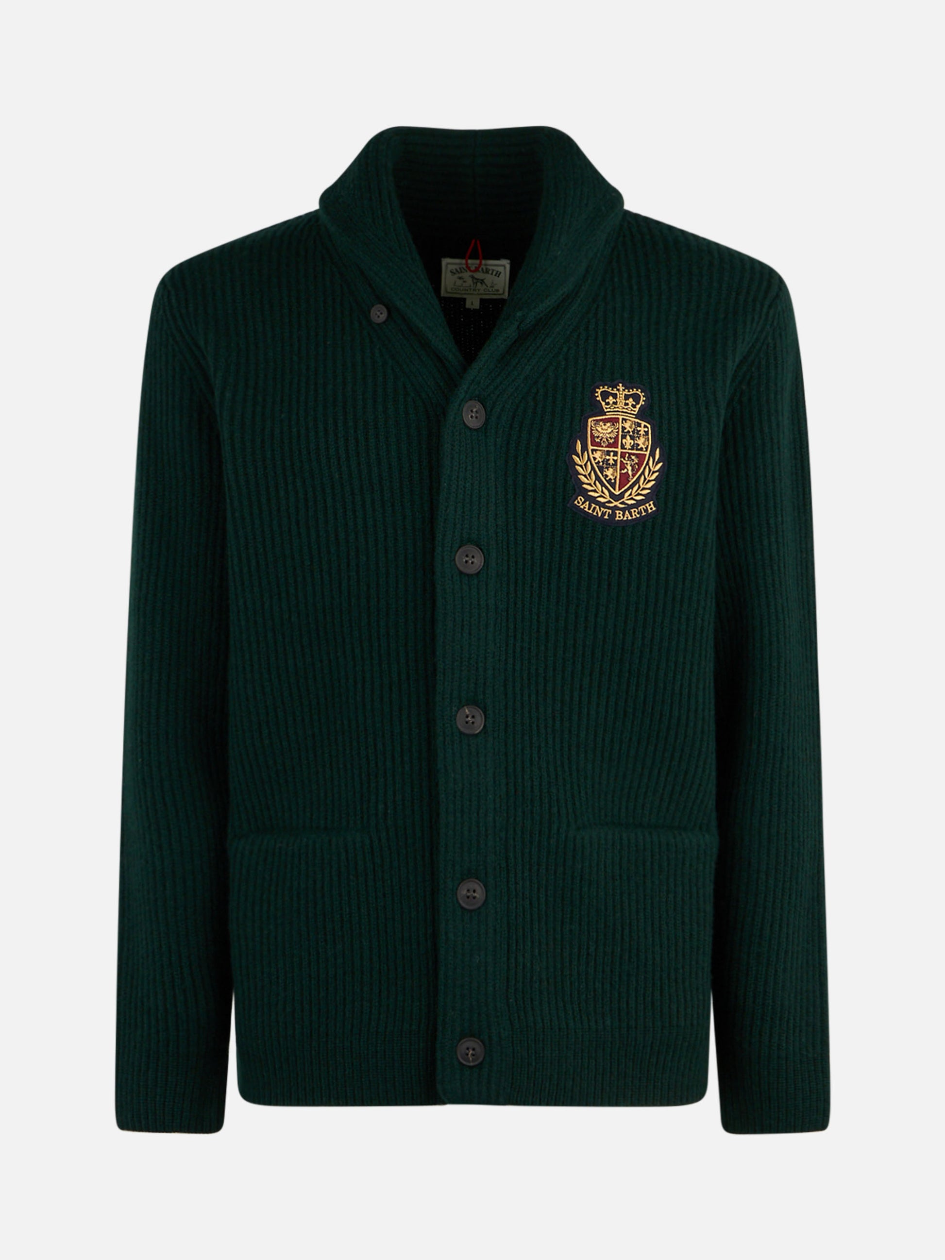 Man shawl collar green ribbed cardigan with pockets and patch - MC2 Saint Barth