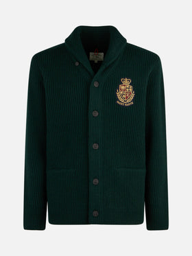 Man shawl collar green ribbed cardigan with pockets and patch - MC2 Saint Barth