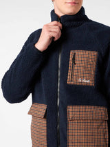 Man blue sherpa jacket with check patch pockets