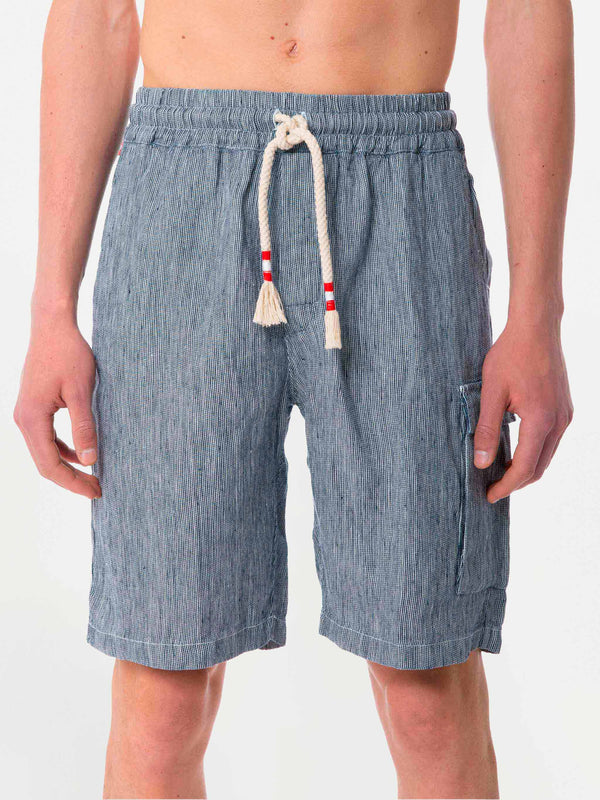 Striped denim color linen bermuda shorts