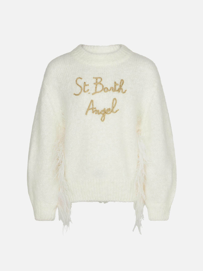 Girl brushed white crewneck sweater with embroidery