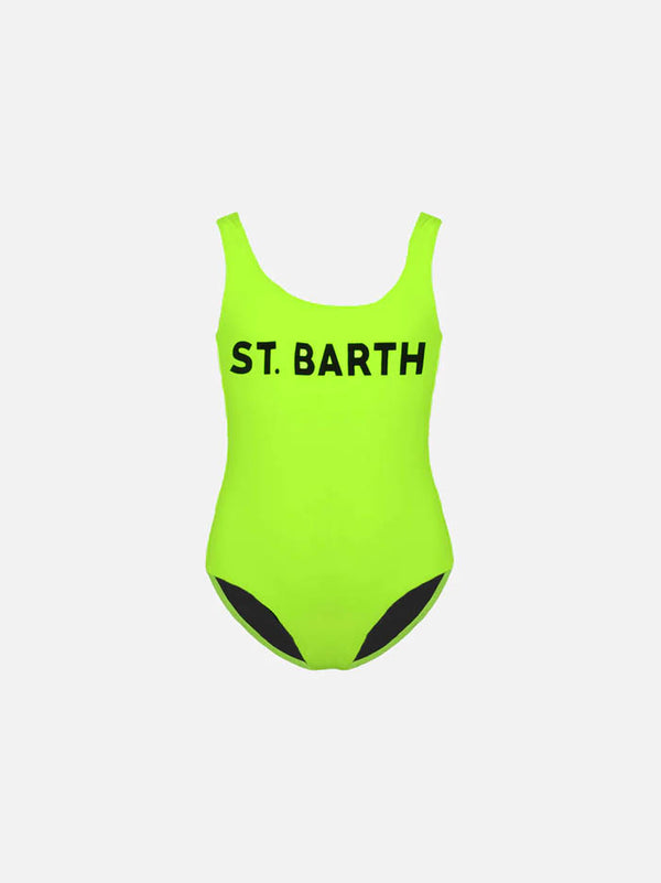 Gelber Fluo-Mädchen-Badeanzug mit St. Barth-Print