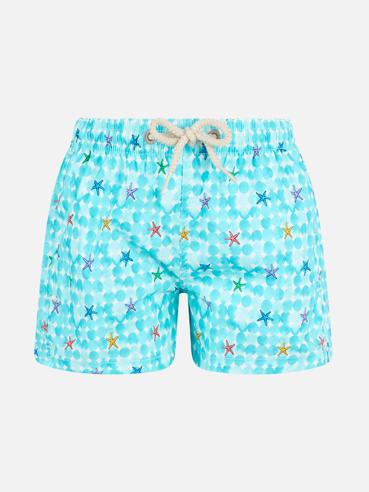 Boy light blue swim shorts with starfish print and comfort fabric - MC2 Saint Barth
