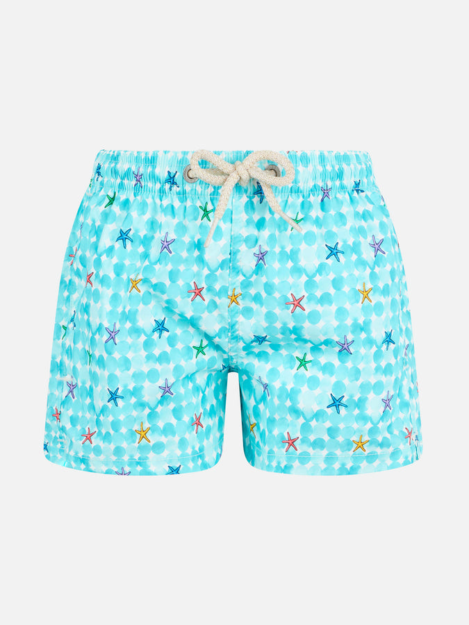 Mc2 Saint Barth Costume da bagno da bambino azzurro con stampa stelle marine e tessuto comfort