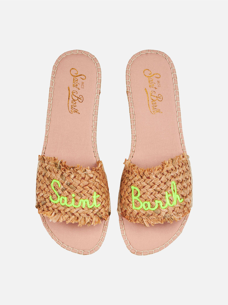 Woman straw espadrillas with fluo yellow embroidery