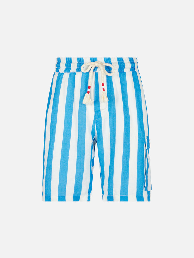 Man linen bermuda shorts with white and bluette stripes
