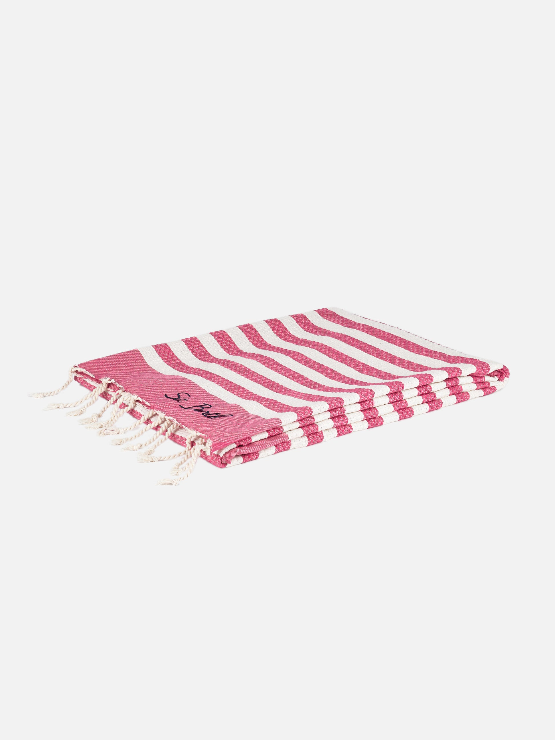 Cotton beach towel Fouta with fuchsia striped print - MC2 Saint Barth