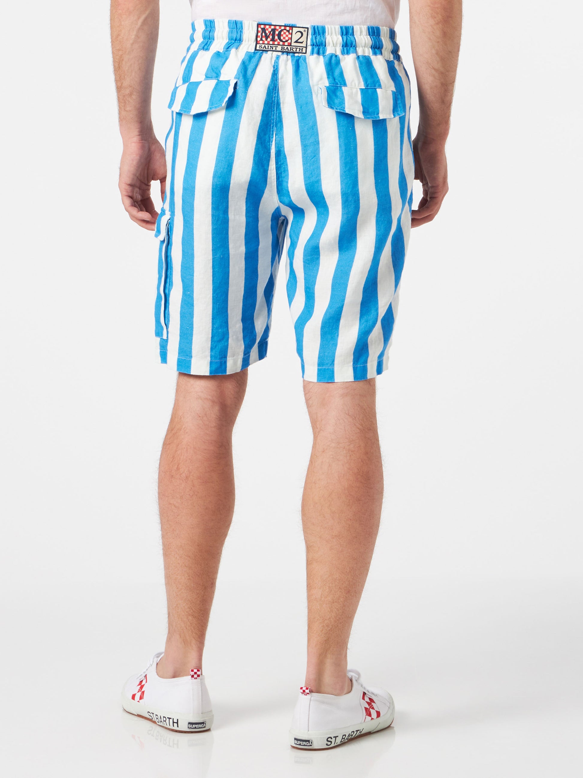 Man linen bermuda shorts with white and bluette stripes - MC2 Saint Barth
