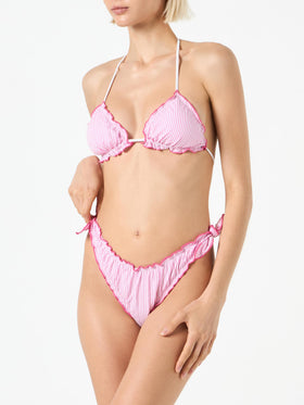 Bikini da donna a triangolo in seersucker con stampa a righe