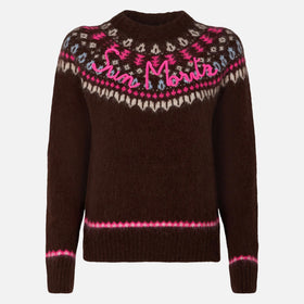 Maglia da donna jacquard nordica girocollo marrone