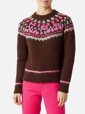 Maglia da donna jacquard nordica girocollo marrone