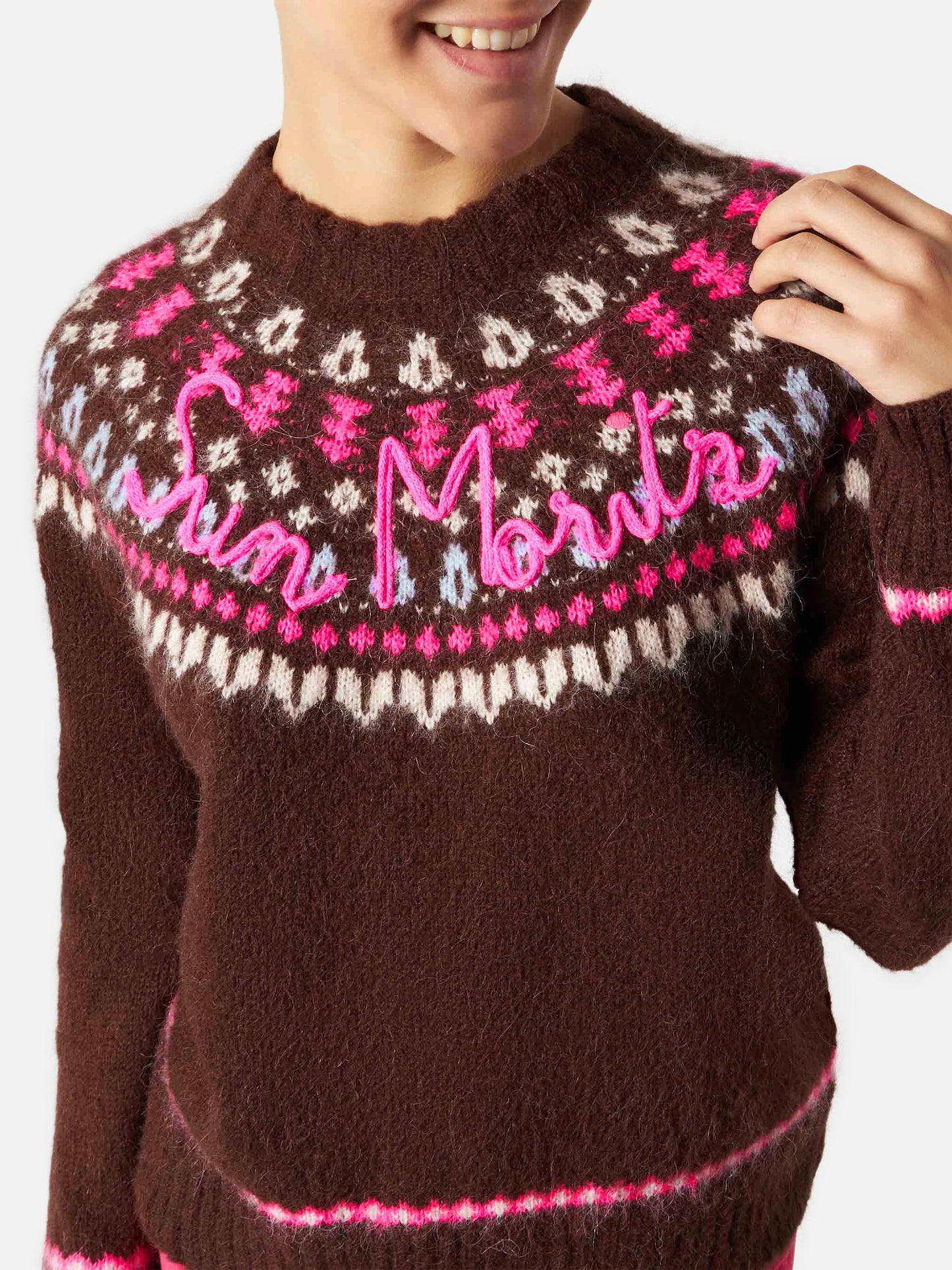 Maglia da donna jacquard nordica girocollo marrone