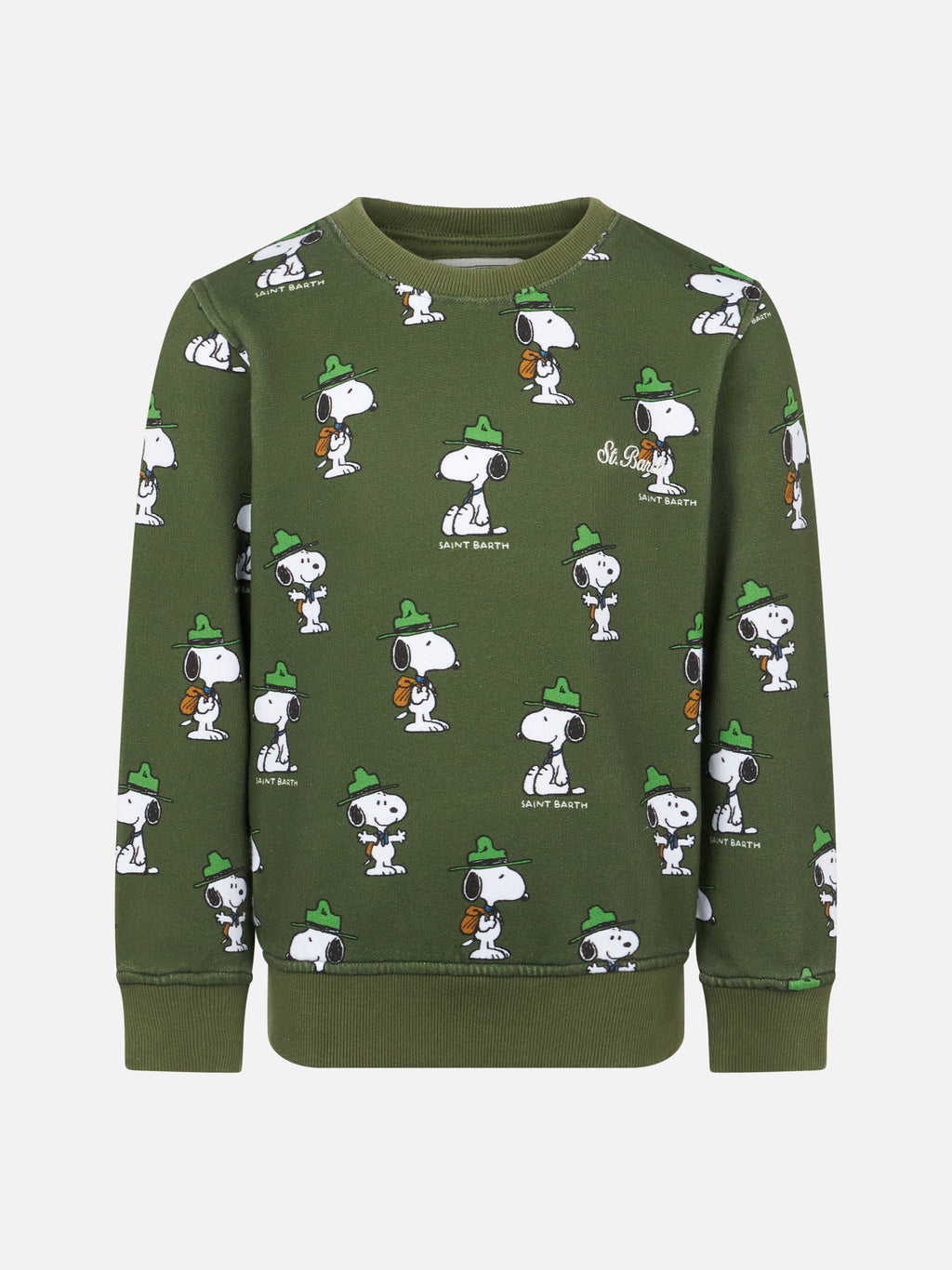 Felpa verde girocollo da bambino con stampa Snoopy