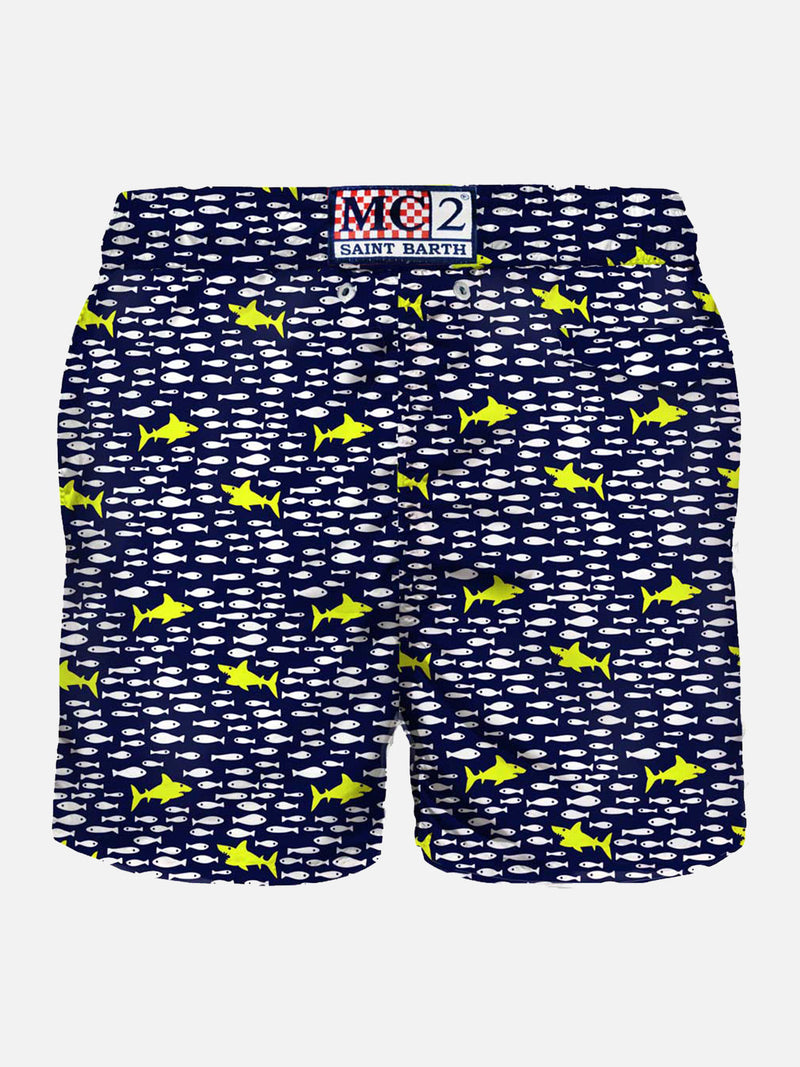 Herren-Badeshorts aus leichtem Stoff mit Hai-Print