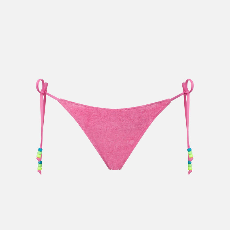 Woman pink terry swim briefs with side laces