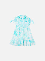 Girl dress with water green toile de jouy pattern