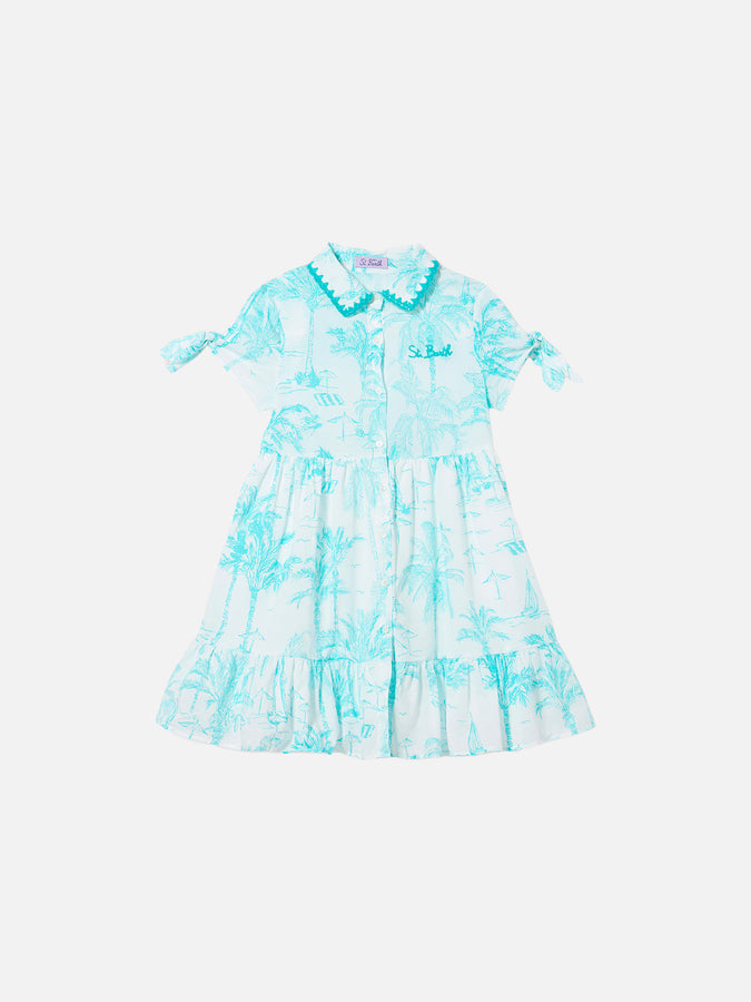 Mc2 Saint Barth Abito da bambina con fantasia toile de jouy verde acqua