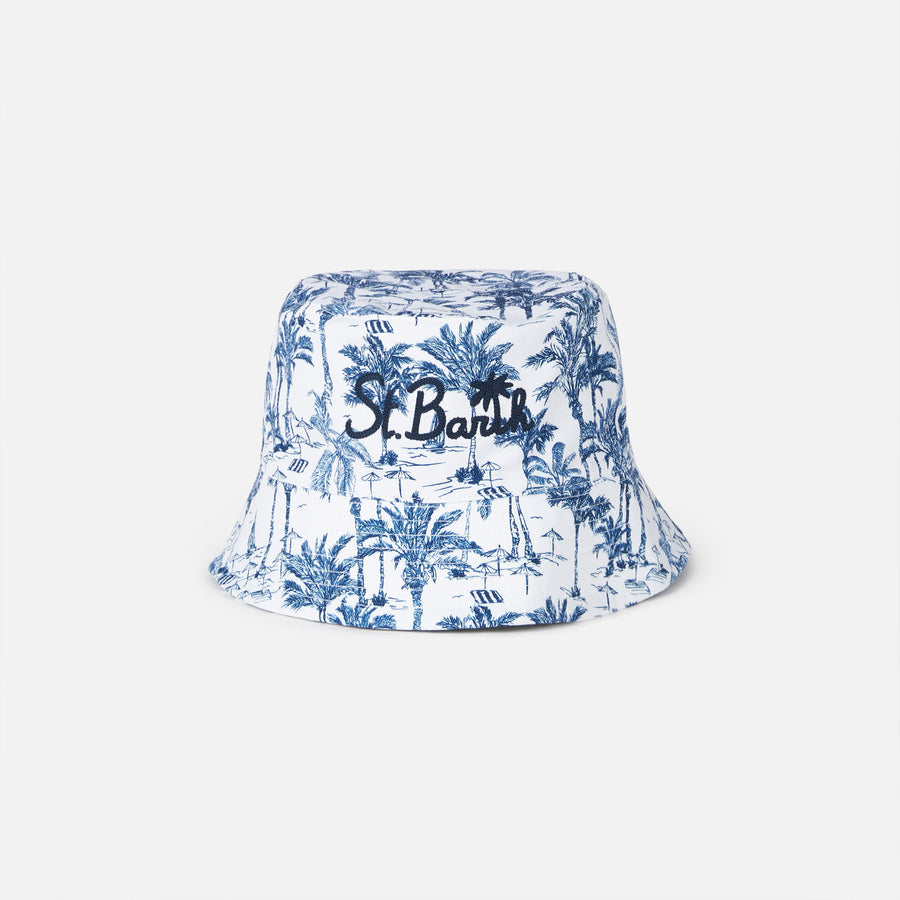 Mc2 Saint Barth Cappello modello pescatore in cotone con ricamo frontale e motivo toile de jouy