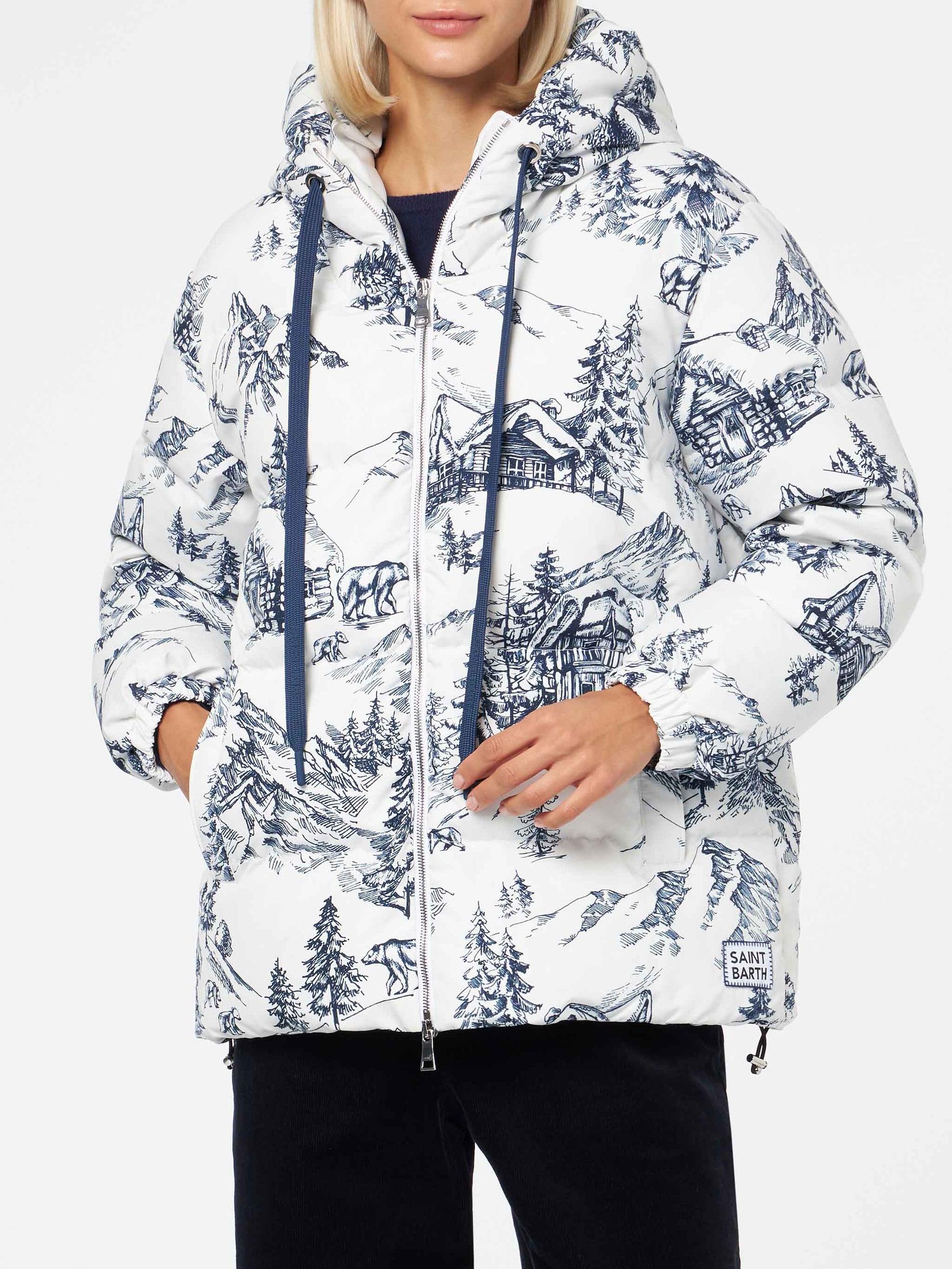 Woman hooded down padded jacket with toile de jouy print - MC2 Saint Barth