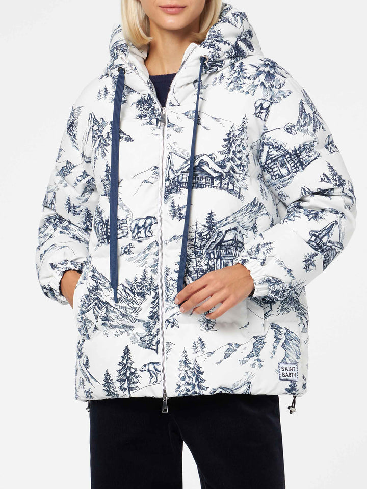 Woman hooded down padded jacket with toile de jouy print - MC2 Saint Barth