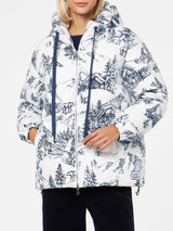 Damen-Daunenjacke mit Kapuze und Toile-de-Jouy-Print