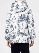 Woman hooded down padded jacket with toile de jouy print