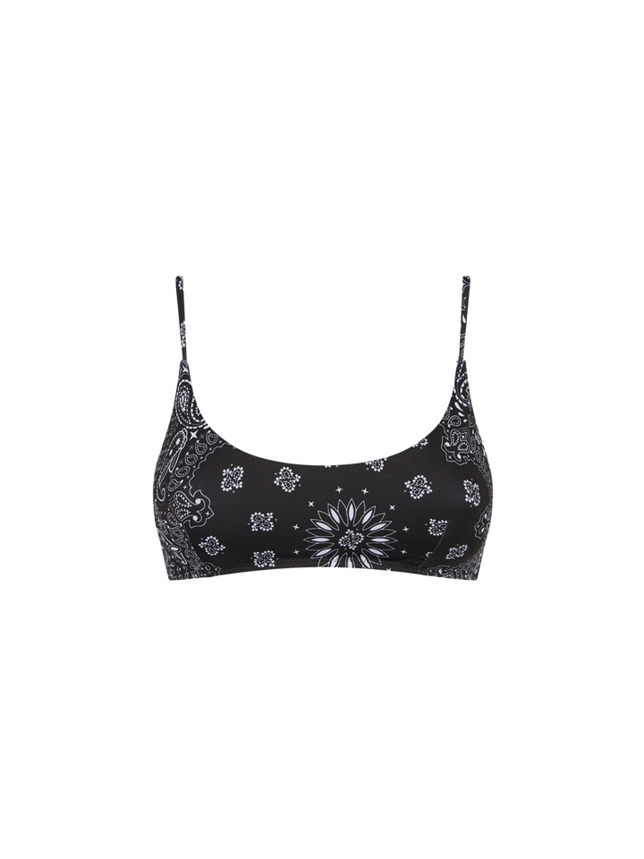 Woman black bralette swimsuit with bandanna pattern