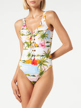 Woman one-piece swimsuit with tropical print