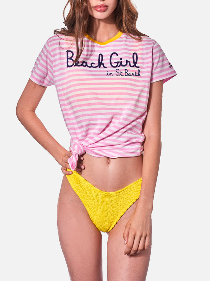 Mc2 Saint Barth T-shirt a righe rosa con Beach Girl ricamata