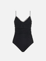 Black one piece swimsuit with tulle
