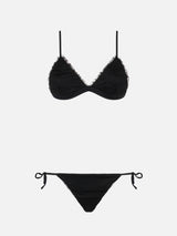 Triangle black bikini lapped with black shiny tulle