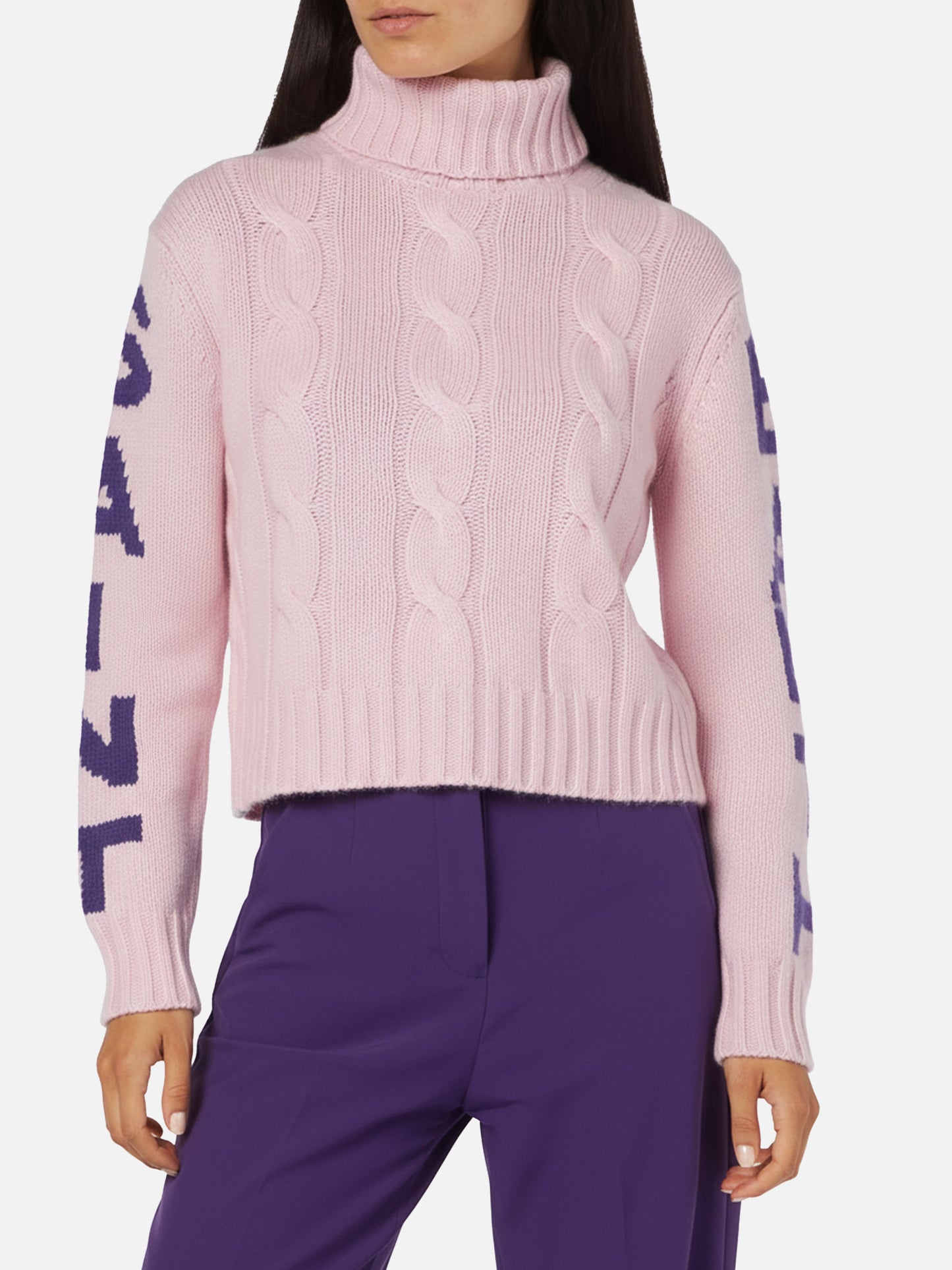 Woman turtleneck braided sweater with Saint Barth jacquard