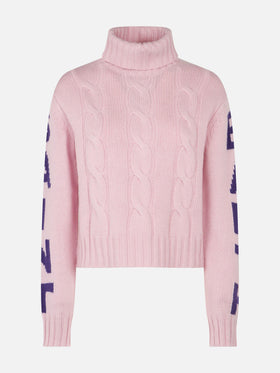 Woman turtleneck braided sweater with Saint Barth jacquard