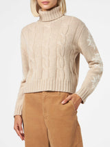 Woman turtleneck braided sweater with snowflake rhinestones