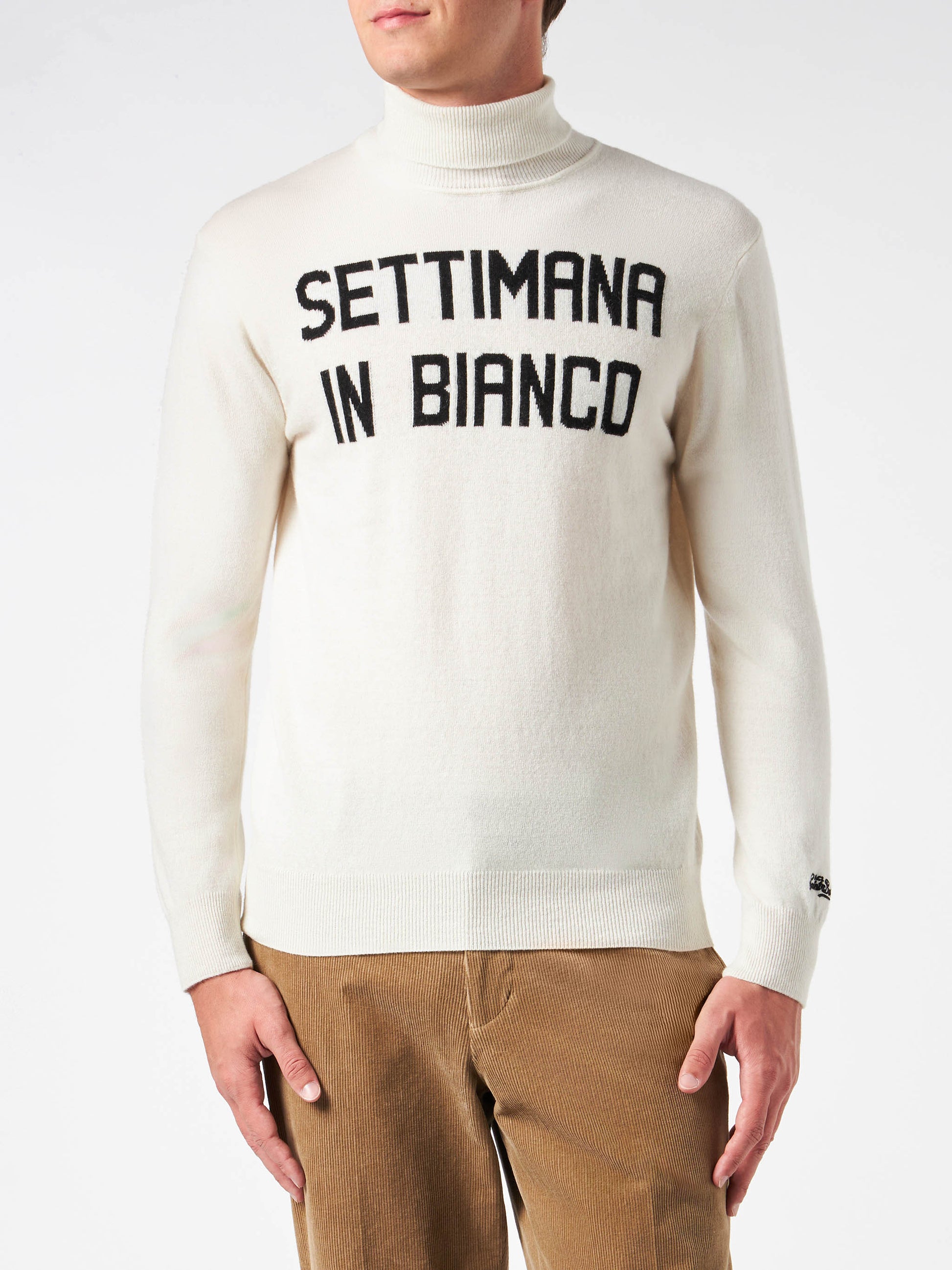 Man turtleneck sweater with Settimana in Bianco jacquard - MC2 Saint Barth