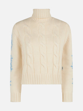 Maglione da donna intrecciato a collo alto con strass fiocco di neve