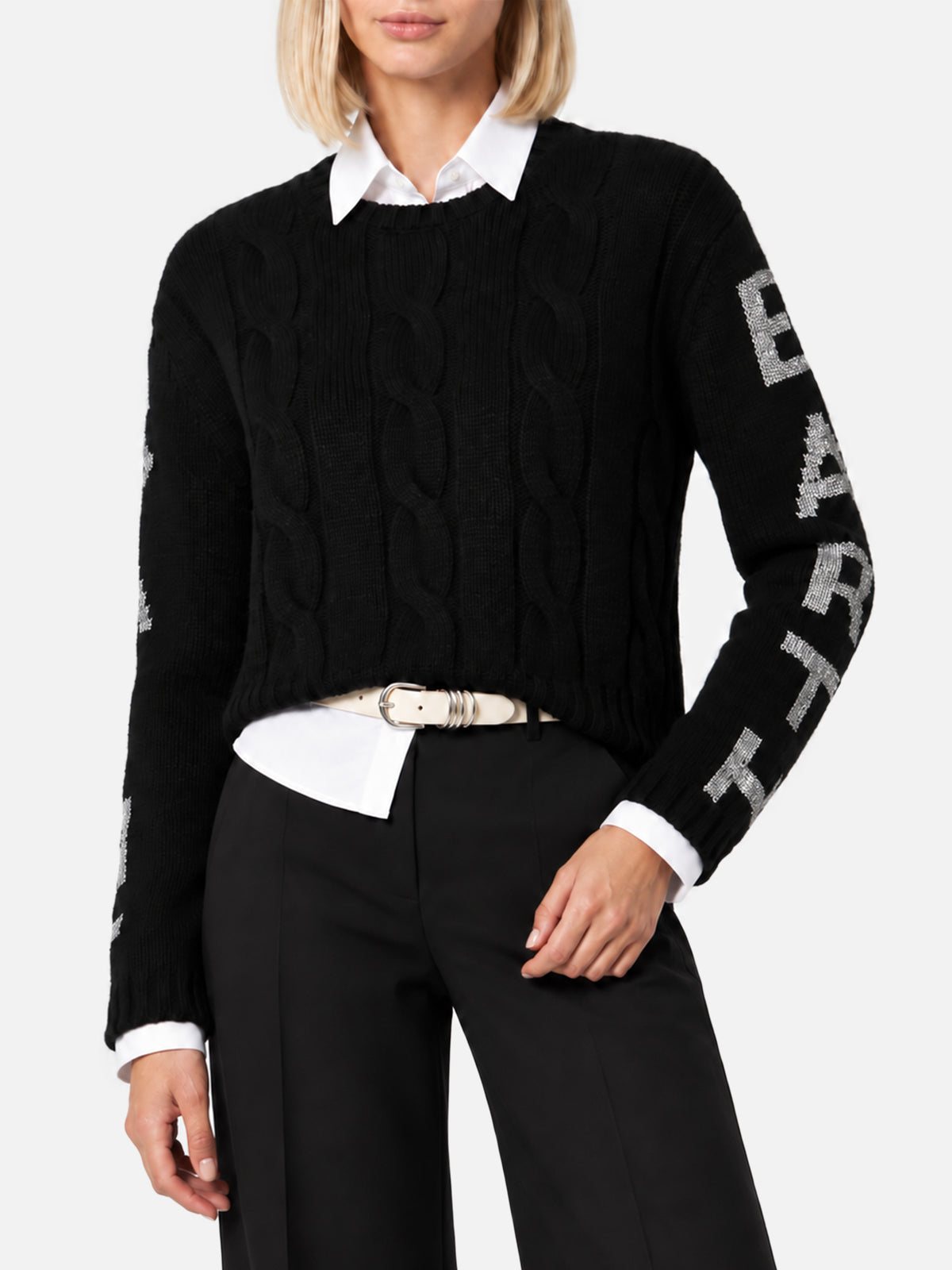 Suéter negro Malmo de punto trenzado con logo lurex 