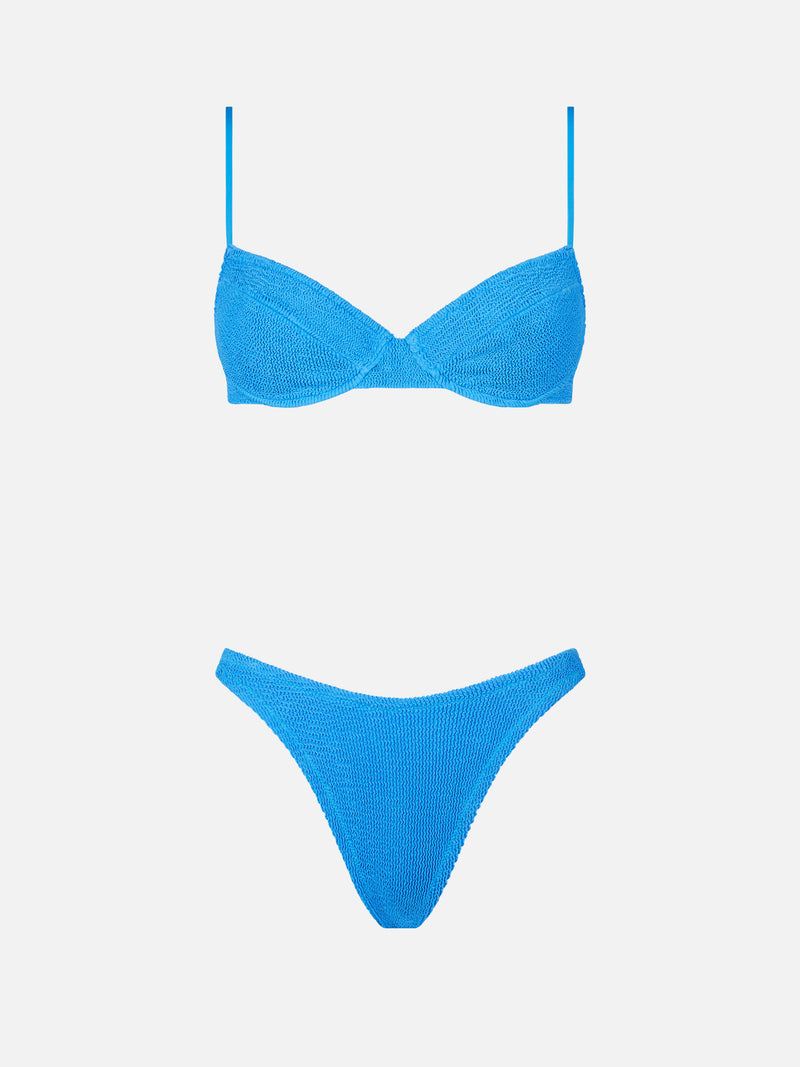 Blauer Crinkle-Bügel-Bralette-Bikini für Damen