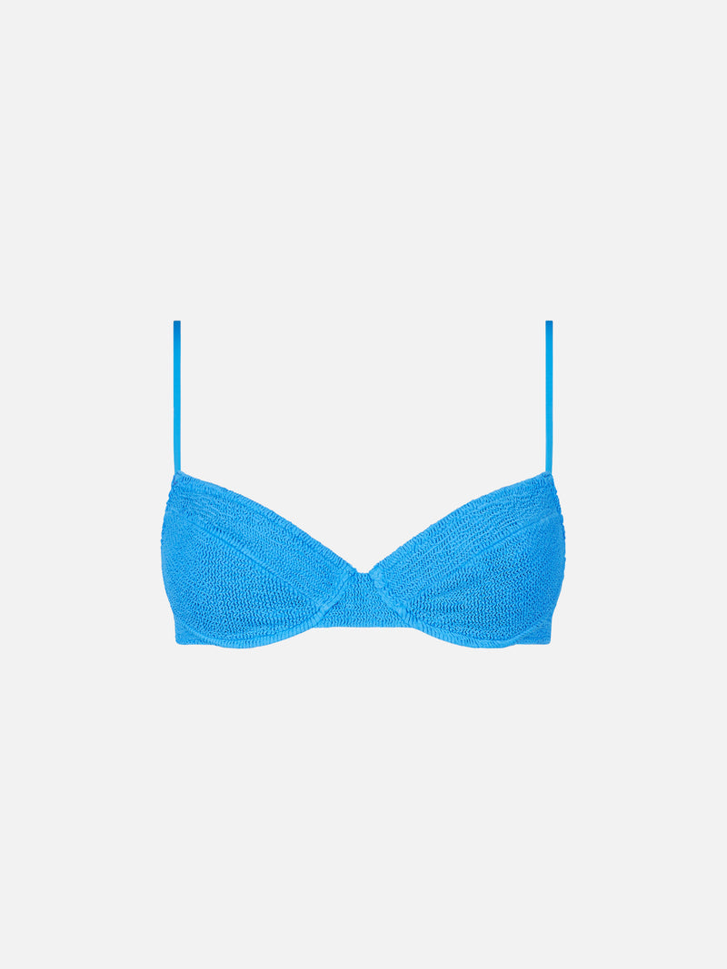 Blauer Crinkle-Bügel-Bralette-Badeanzug für Damen