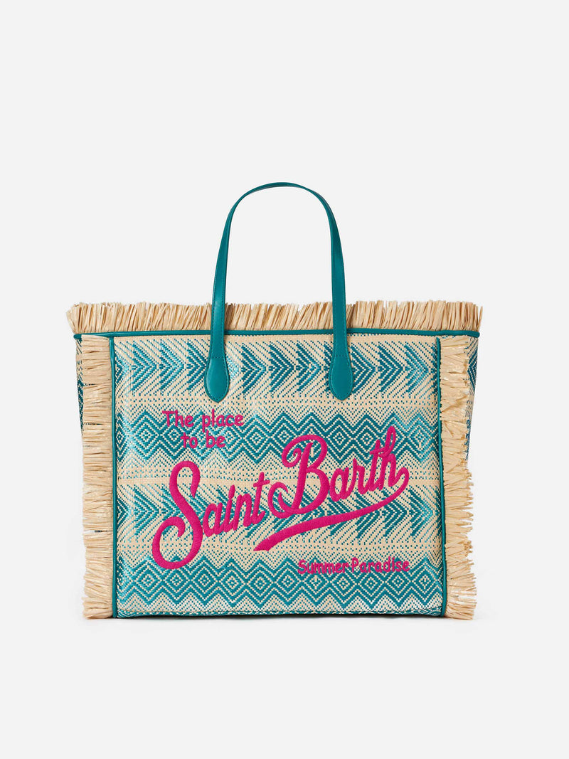 Vanity straw bag with embroidery and geometric pattern