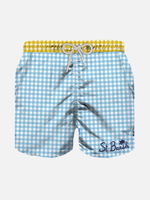 Mc2 Saint Barth Costume da bagno bambino vichy azzurro con ricami